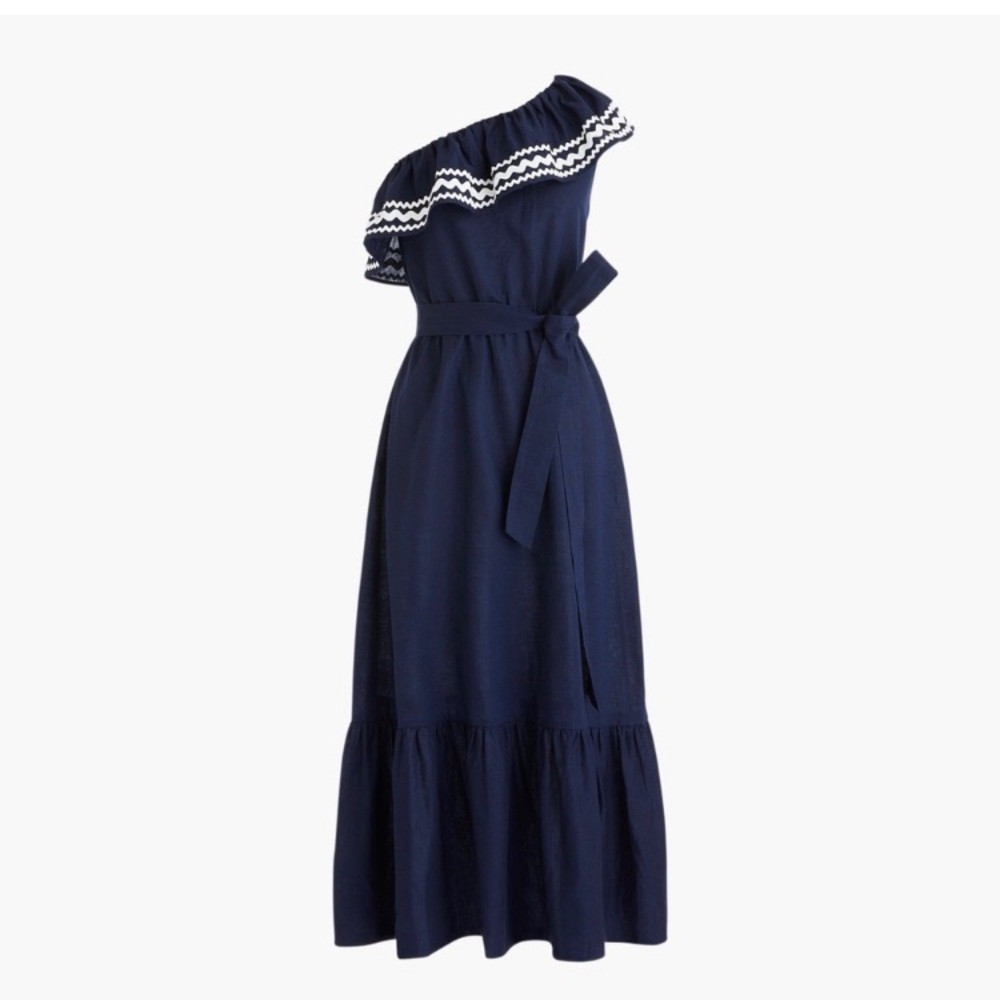 J CREW | Linen Cotton Navy Blue One Shoulder Ruffle MIDI Dress with Tie …